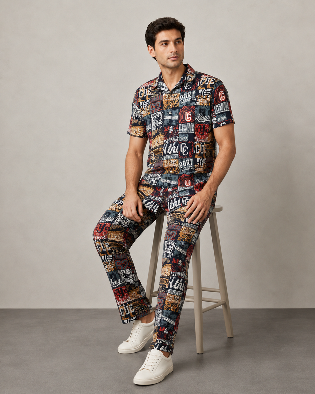 Black Urban Graphic Cotton PJ Cord Set | Premium Printed Shirt & Pyjama Co-ord | Luxury Loungewear & Resort Set