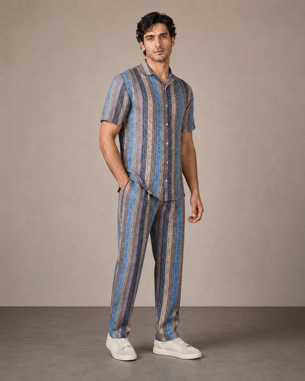 Men’s Blue Multi-Stripe Cotton PJ Cord Set | Premium Printed Shirt & Pyjama Co-ord | Luxury Loungewear & Resort Set