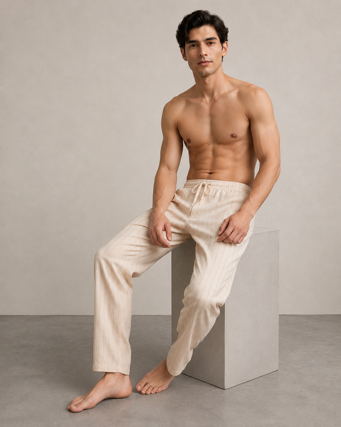 Men’s Ivory Stripe Cotton PJ Cord Set | Premium Cotton Shirt & Pyjama Co-ord | Luxury Loungewear & Resort Set