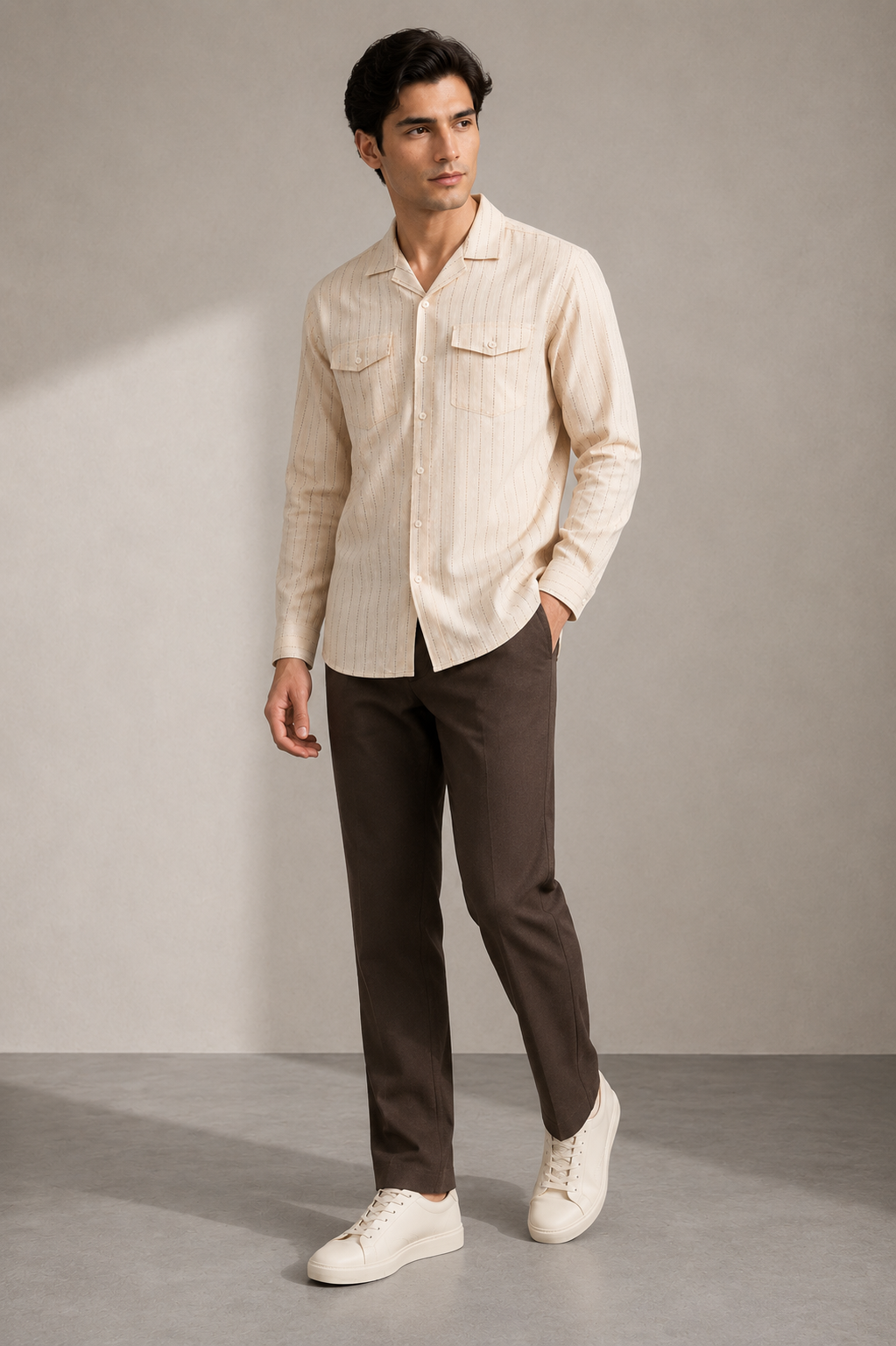 Men’s Ivory Stripe Cotton PJ Cord Set | Premium Cotton Shirt & Pyjama Co-ord | Luxury Loungewear & Resort Set