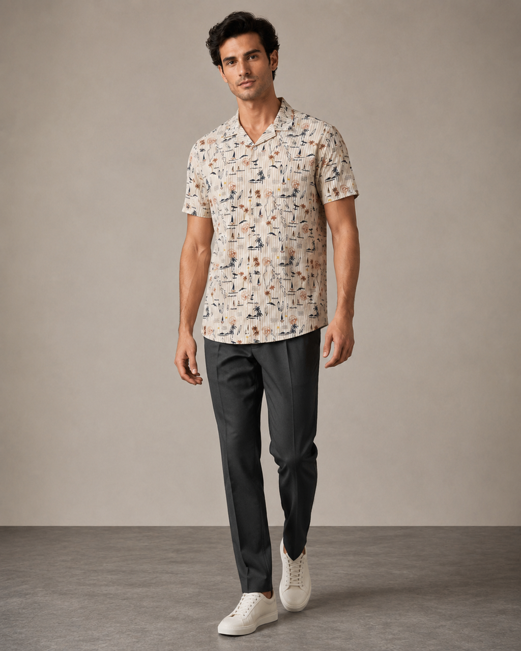 Men’s Beige Coastal Sketch Cord Set | Shirt & Shorts Co-ord