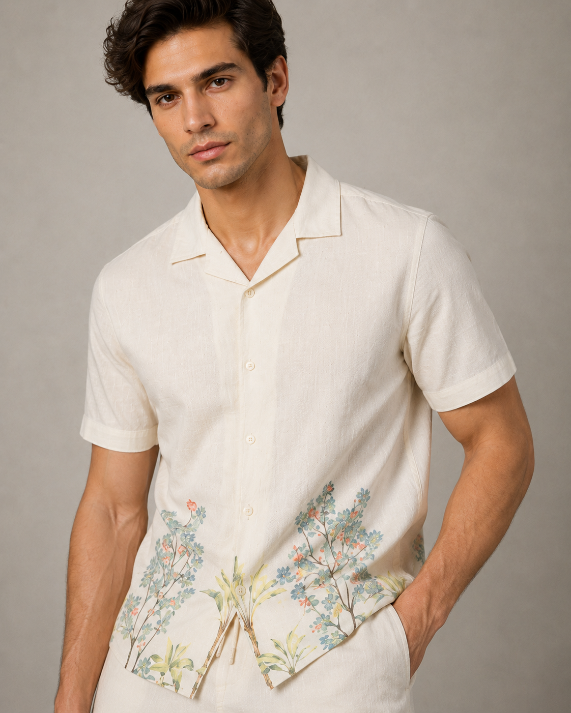 Men’s Ivory Floral Cotton PJ Cord Set | Premium Cotton Shirt & Pyjama Co-ord | Luxury Loungewear & Resort Set
