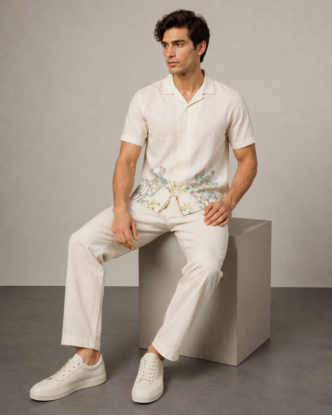 Men’s Ivory Floral Cotton PJ Cord Set | Premium Cotton Shirt & Pyjama Co-ord | Luxury Loungewear & Resort Set