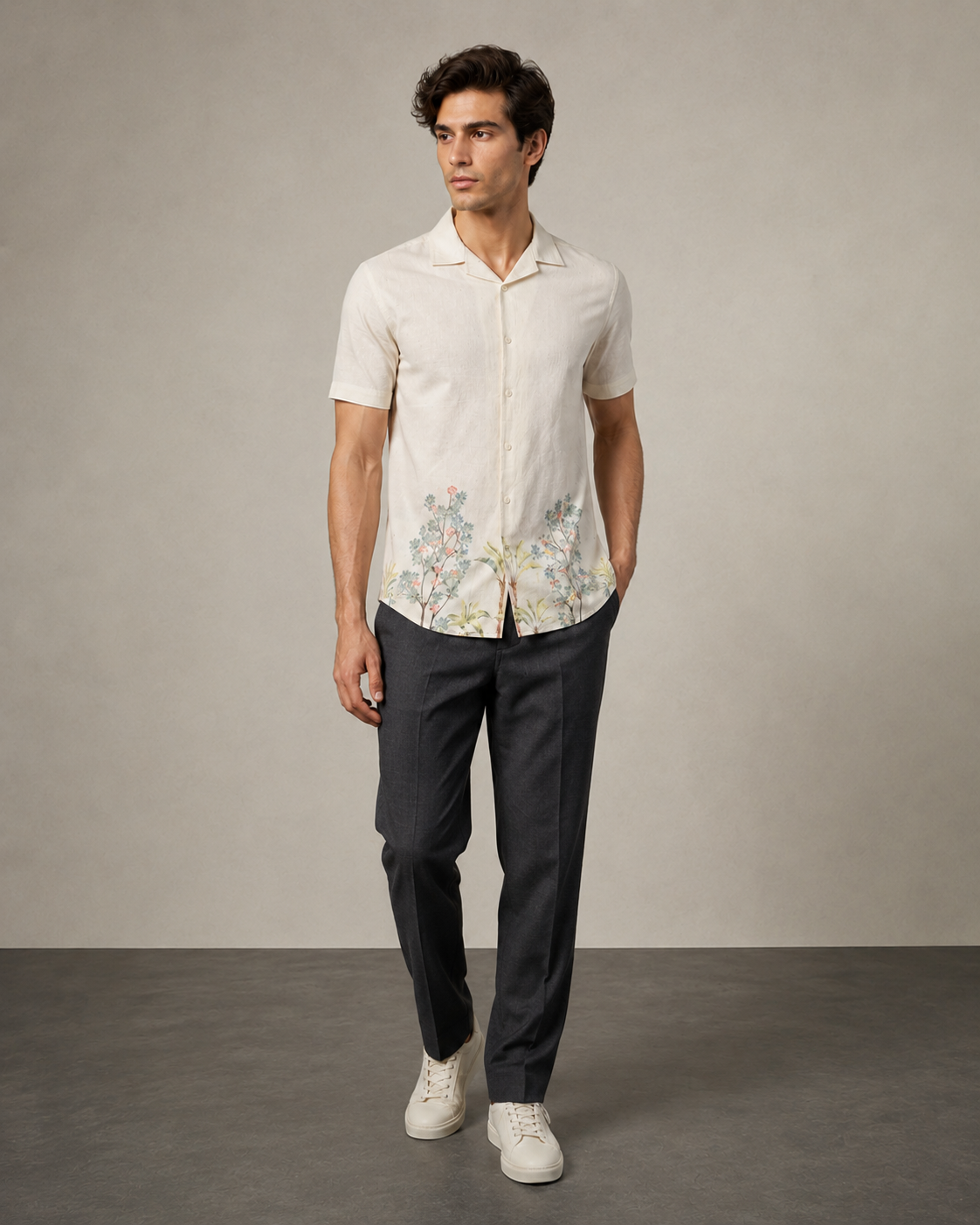 Men’s Ivory Floral Cotton PJ Cord Set | Premium Cotton Shirt & Pyjama Co-ord | Luxury Loungewear & Resort Set