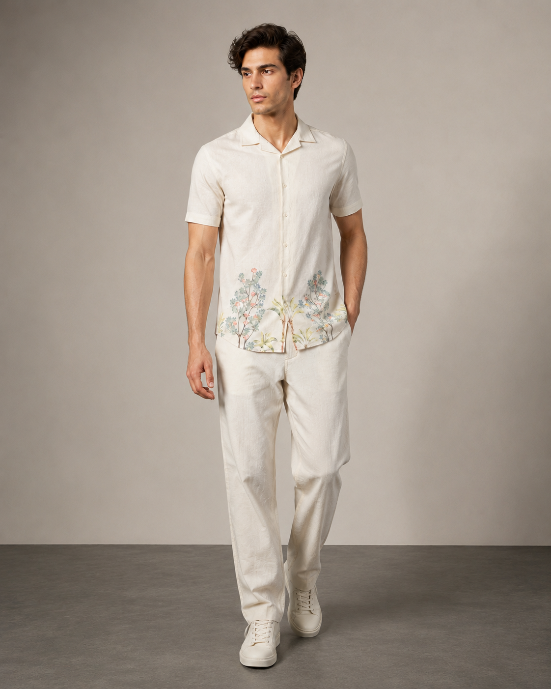 Men’s Ivory Floral Cotton PJ Cord Set | Premium Cotton Shirt & Pyjama Co-ord | Luxury Loungewear & Resort Set