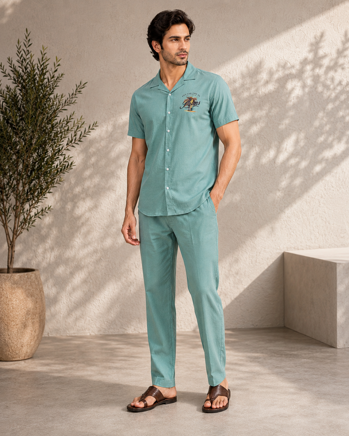 Men’s Aqua Cotton PJ Cord Set | Premium Cotton Shirt & Pyjama Co-ord | Luxury Loungewear & Resort Set