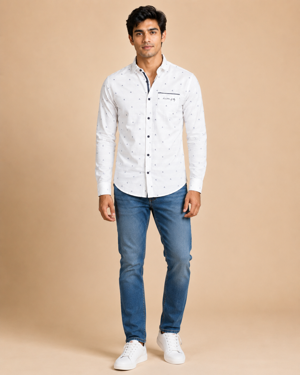 White Mini Motif Cotton Shirt