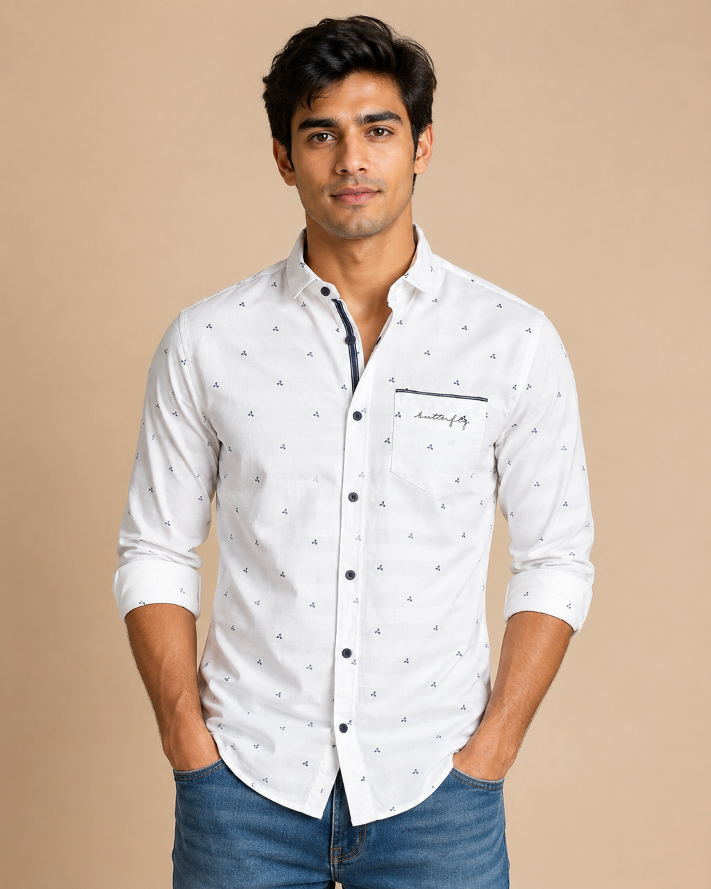 White Mini Motif Cotton Shirt