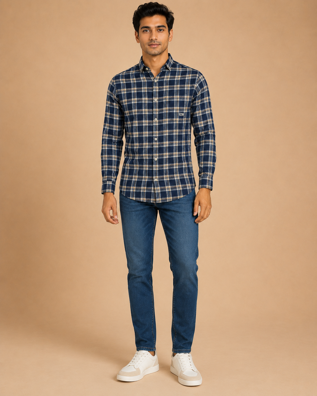 Navy Sand Plaid Cotton Shirt