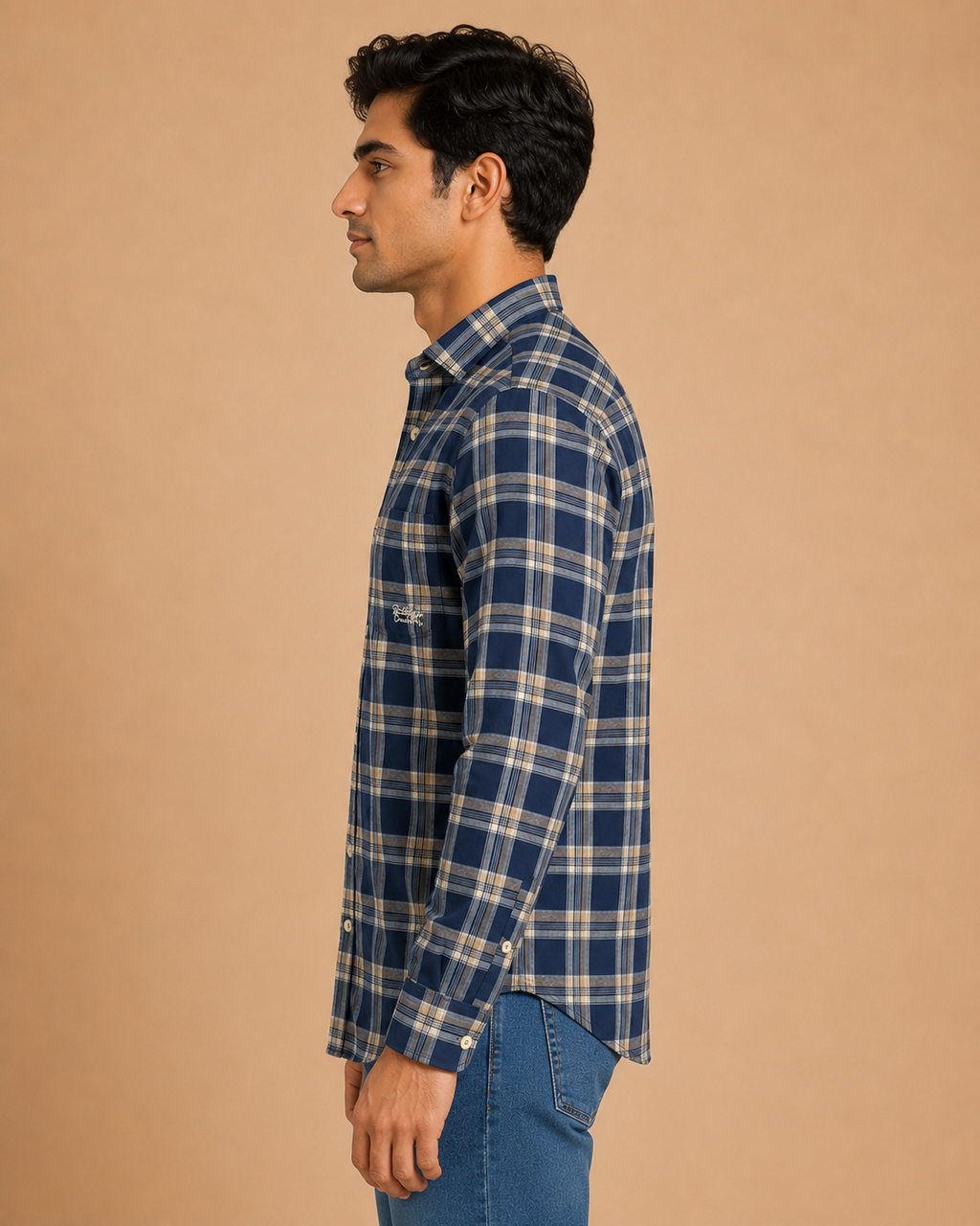 Navy Sand Plaid Cotton Shirt