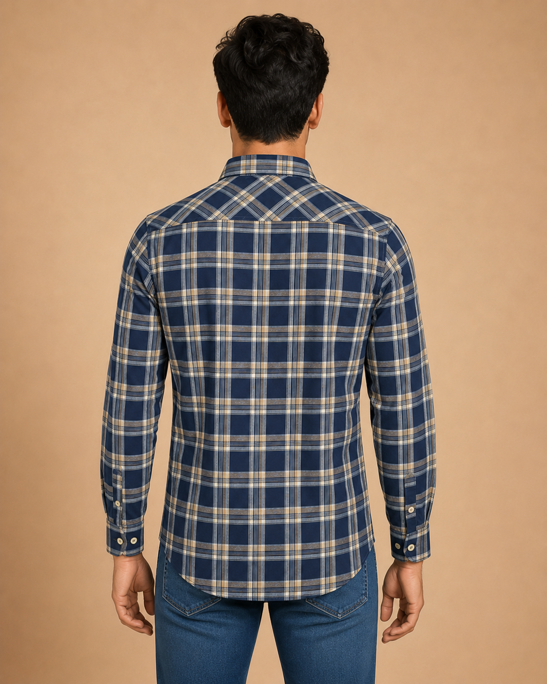 Navy Sand Plaid Cotton Shirt