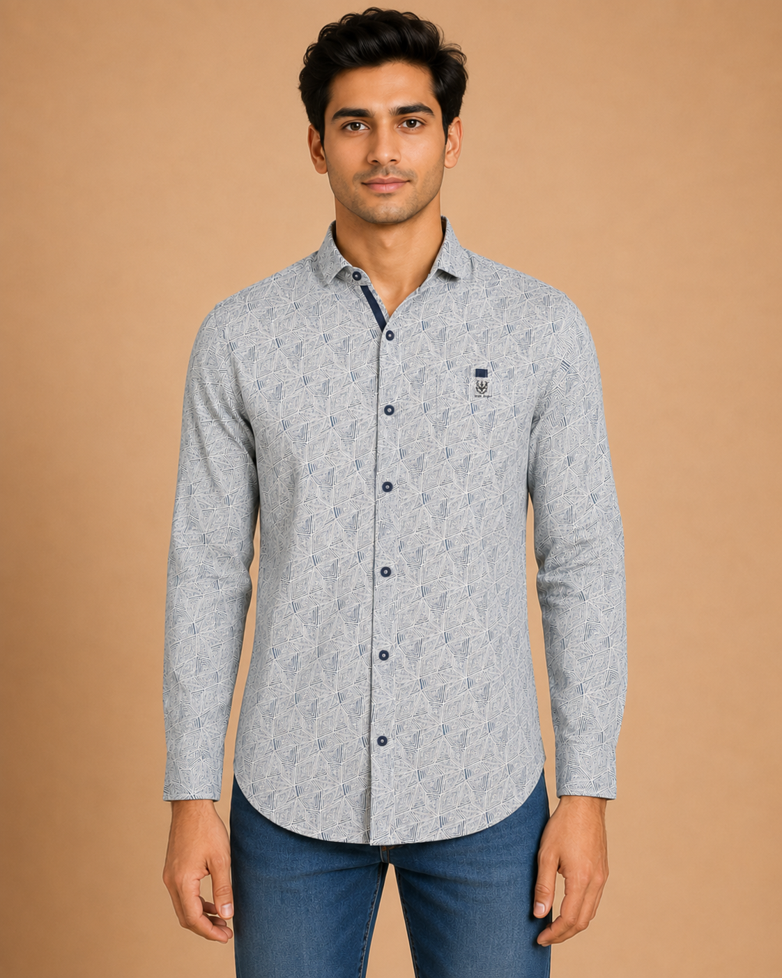 Silver Geo Print Cotton Shirt