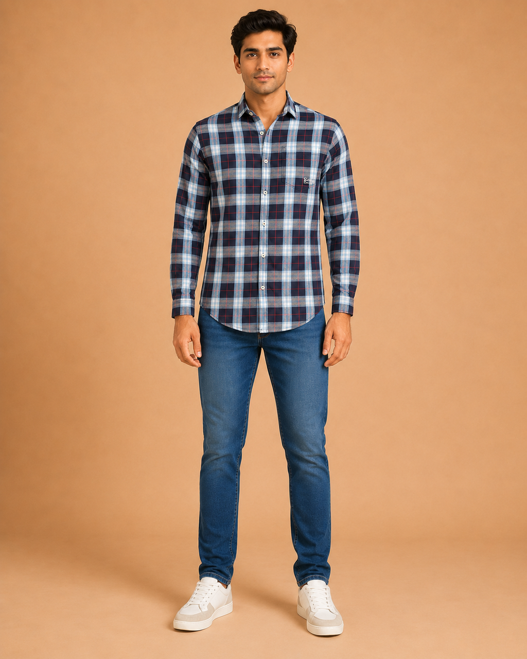 Navy Sky Plaid Cotton Shirt