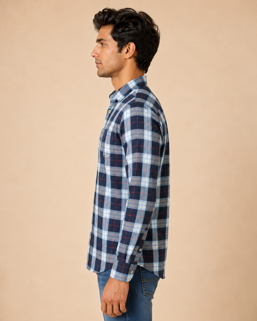 Navy Sky Plaid Cotton Shirt