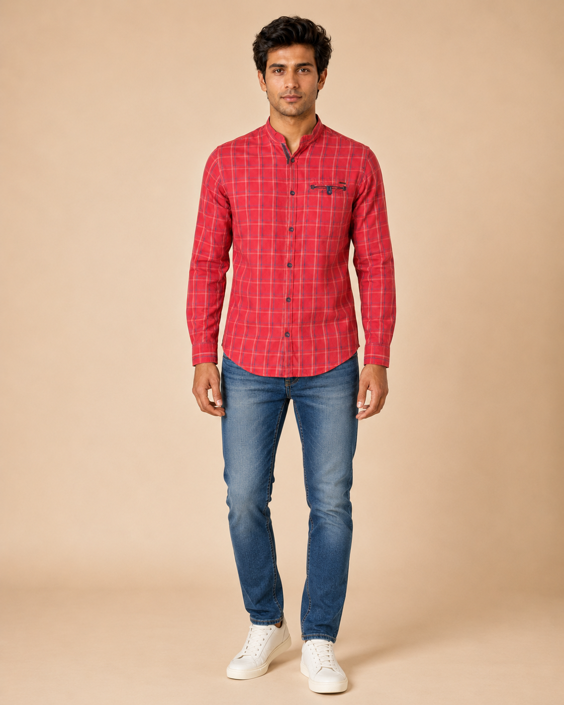 Scarlet Grid Band Collar Cotton Shirt