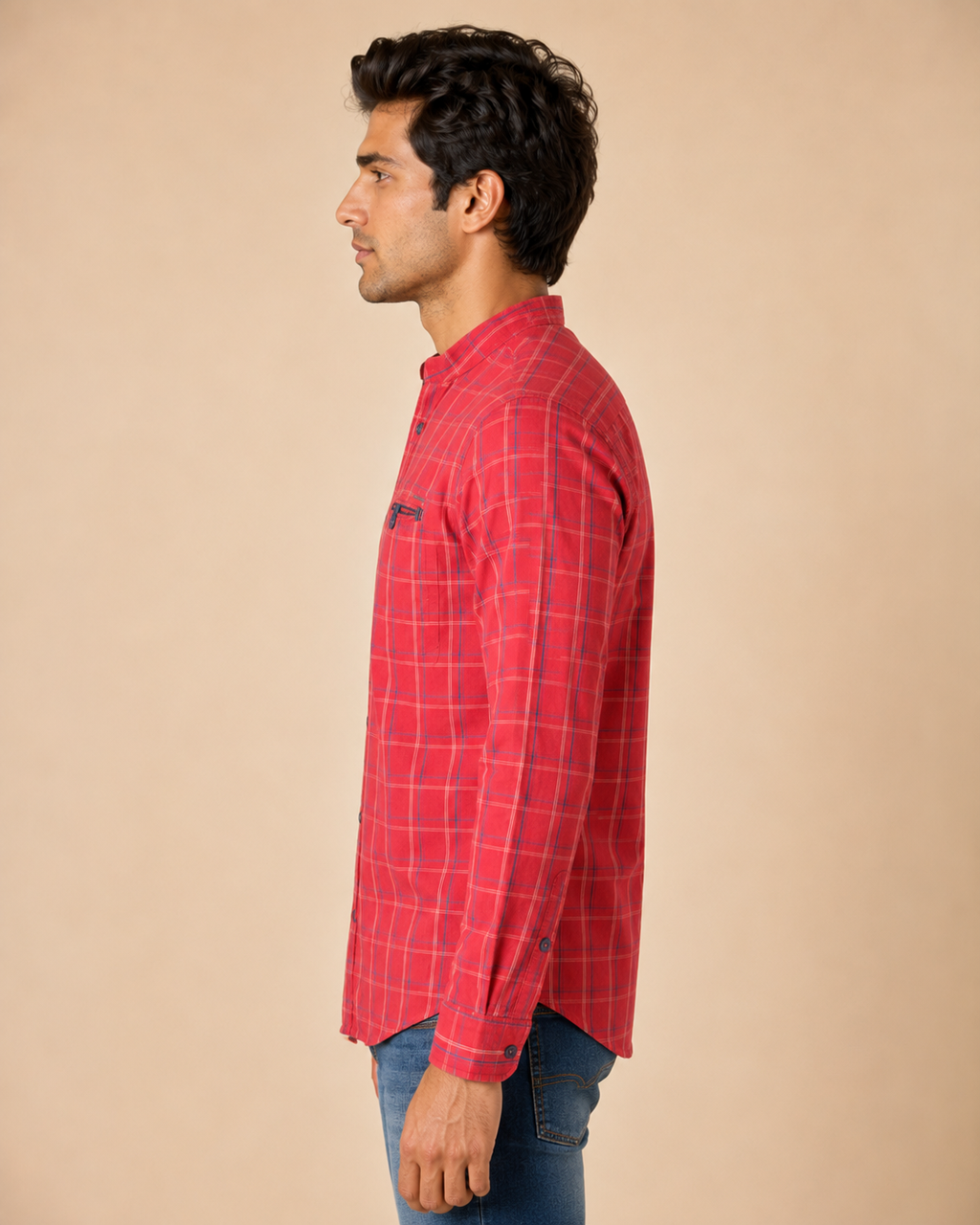 Scarlet Grid Band Collar Cotton Shirt