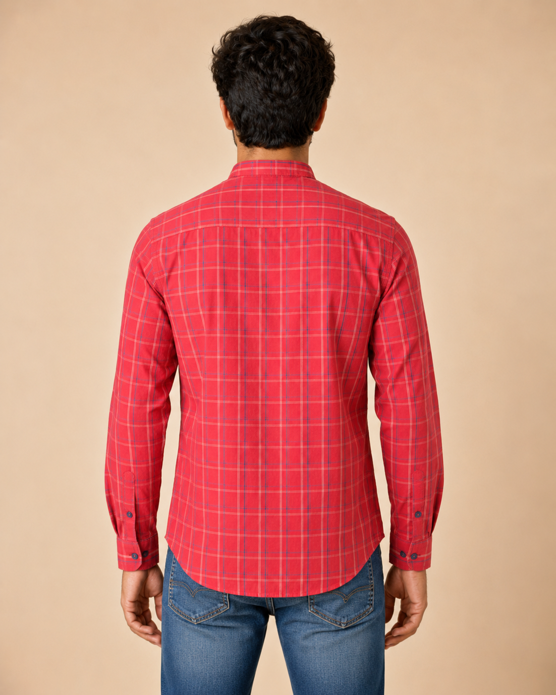 Scarlet Grid Band Collar Cotton Shirt