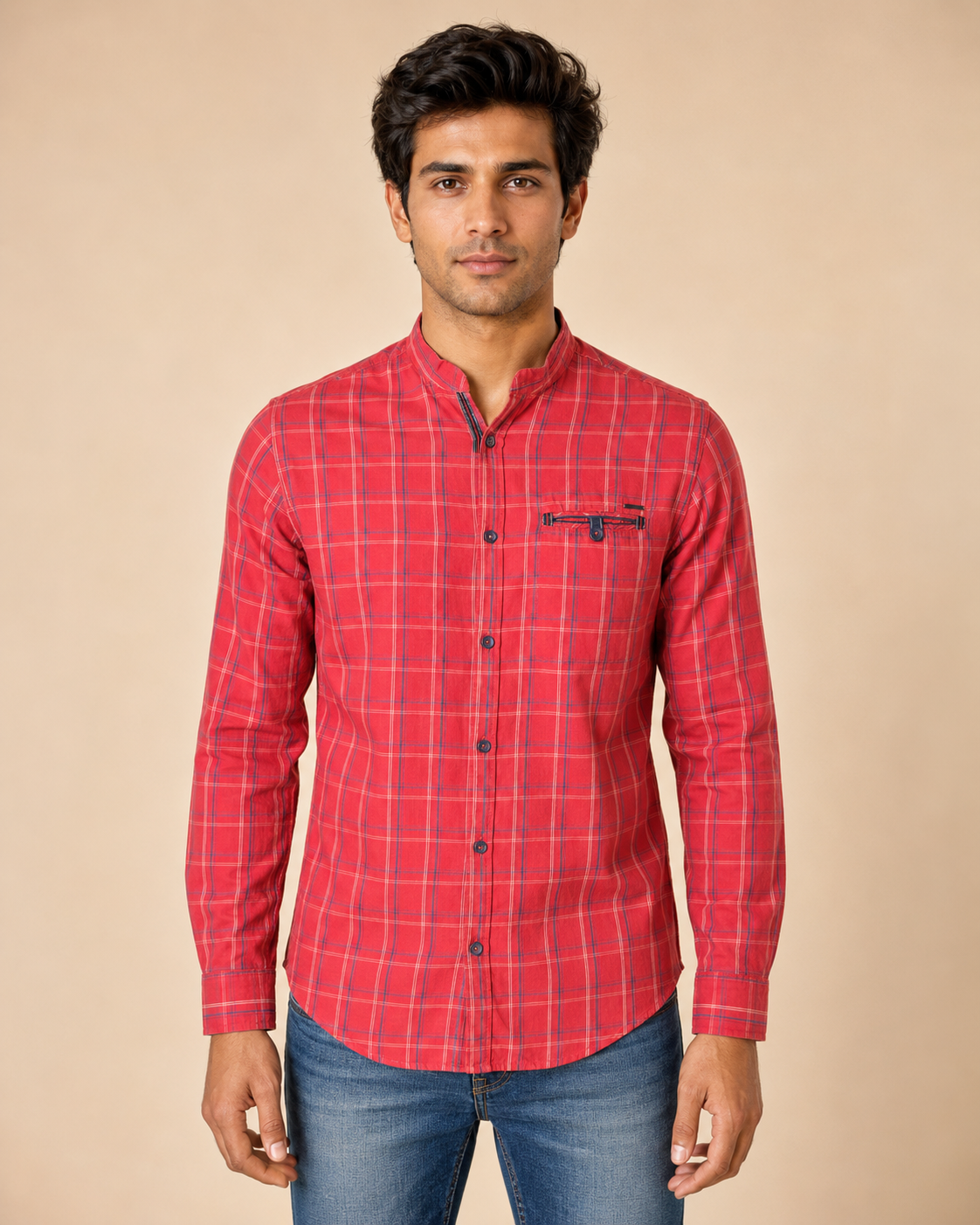 Scarlet Grid Band Collar Cotton Shirt