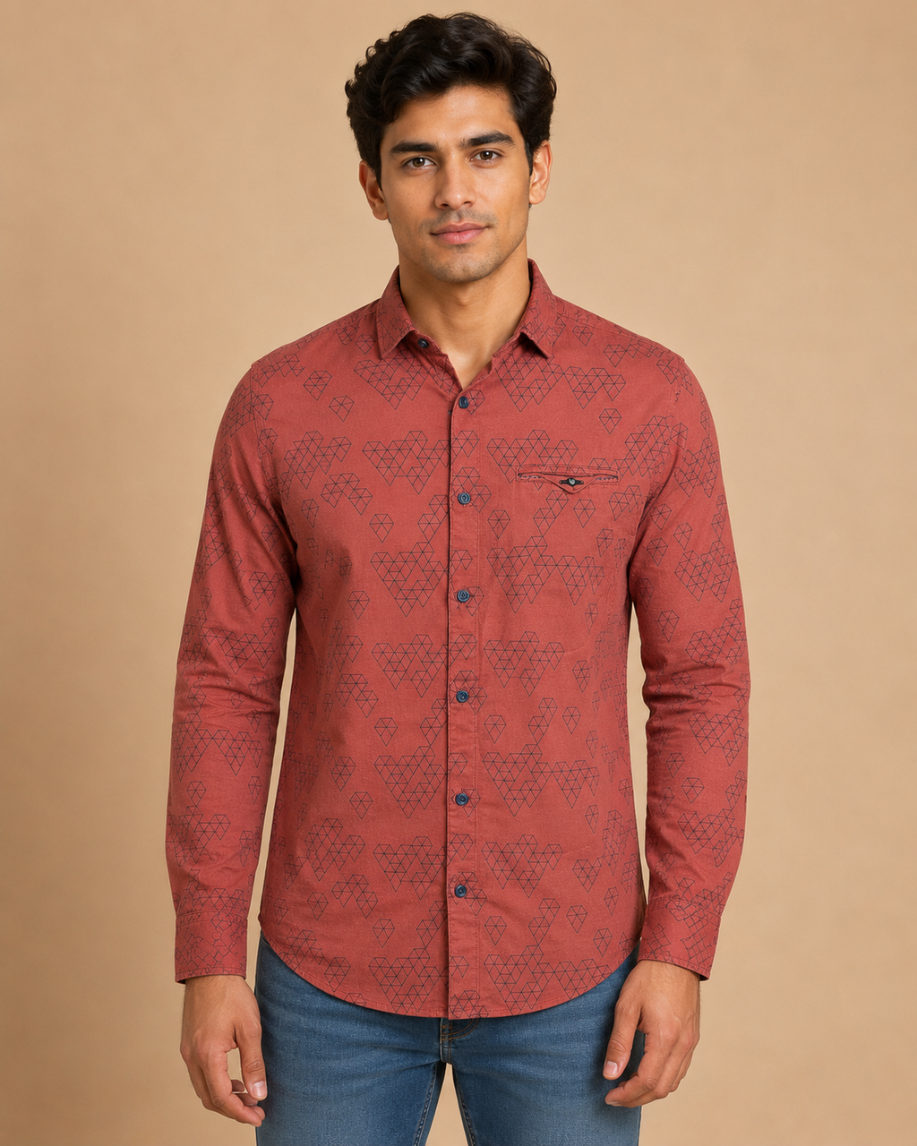 Terracotta Geo Print Cotton Shirt