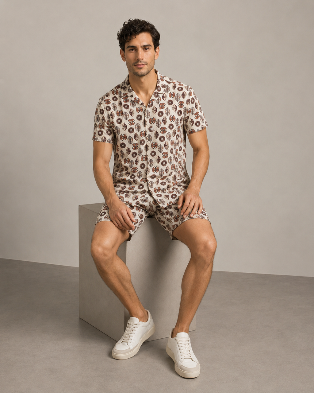 Men’s Earthy Geo Printed Cord Set | Shirt & Shorts Co-ord