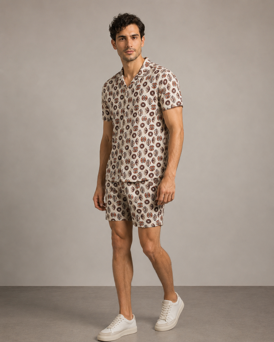 Men’s Earthy Geo Printed Cord Set | Shirt & Shorts Co-ord