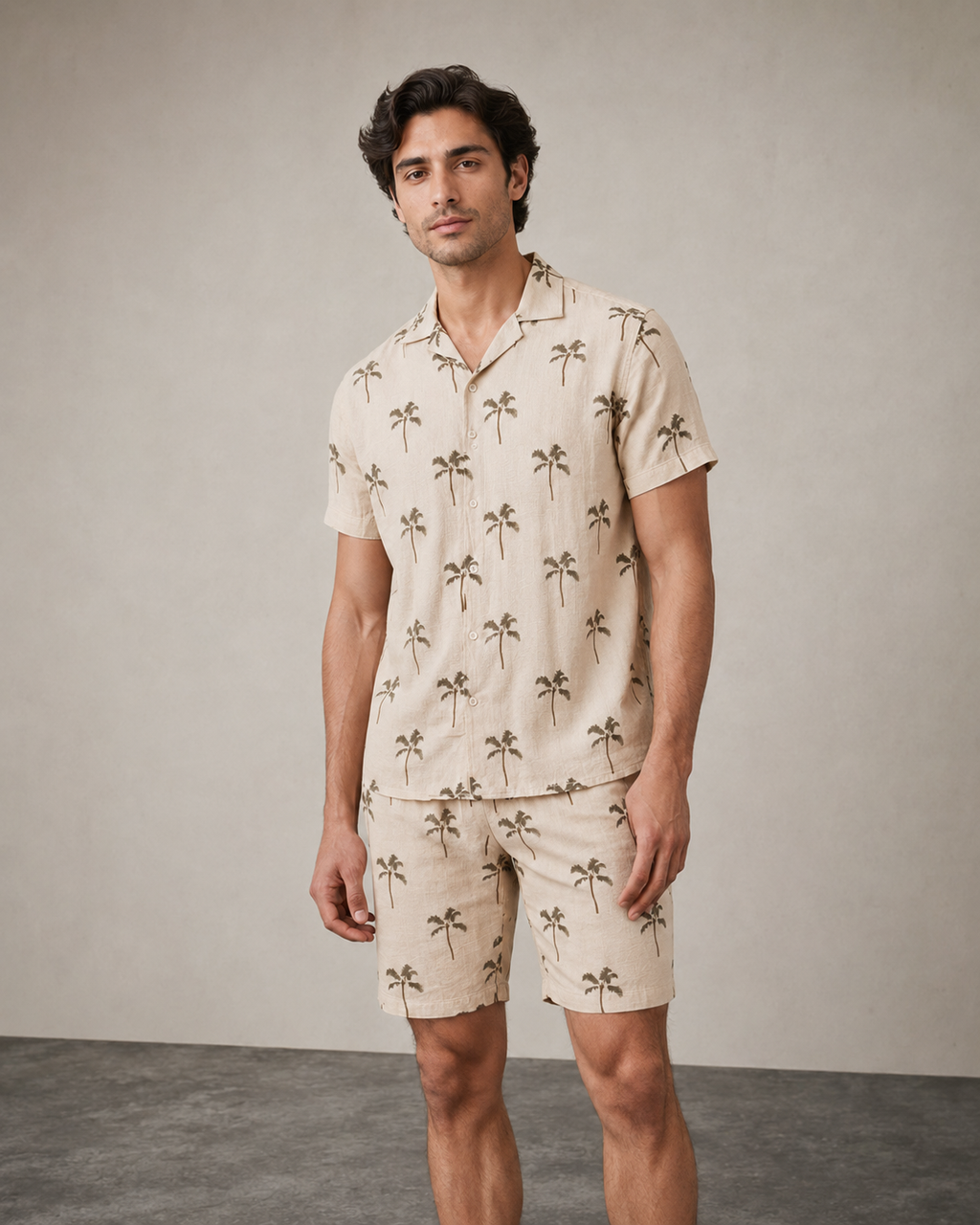 Men’s Beige Palm Printed Cord Set | Shirt & Shorts Co-ord