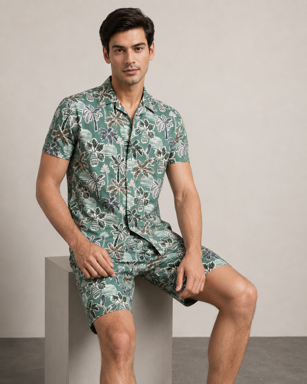 Men’s Teal Tropical Palm Printed Cord Set | Shirt & Shorts Co-ord