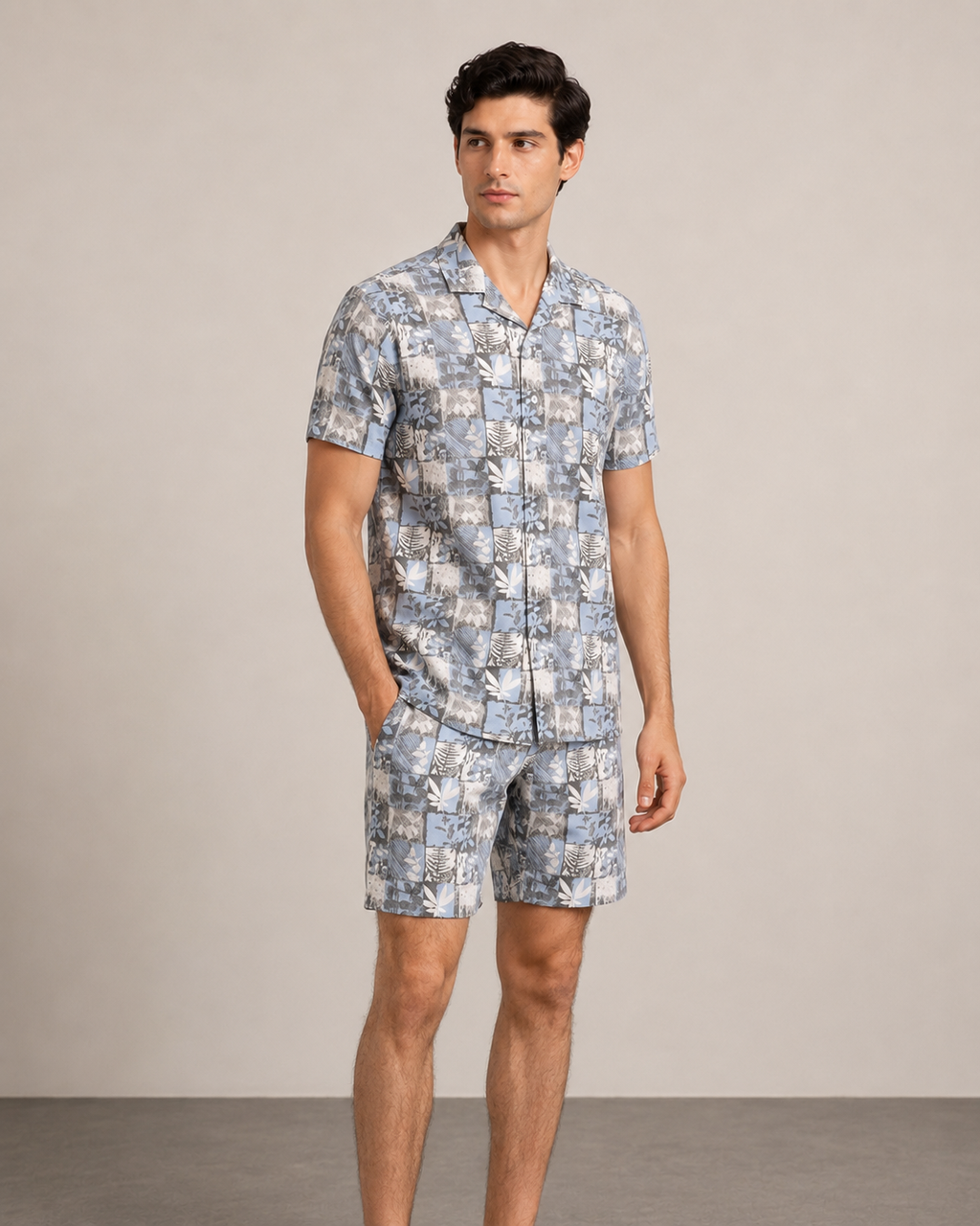 Men’s Blue Patchwork Printed Cord Set | Shirt & Shorts Co-ord