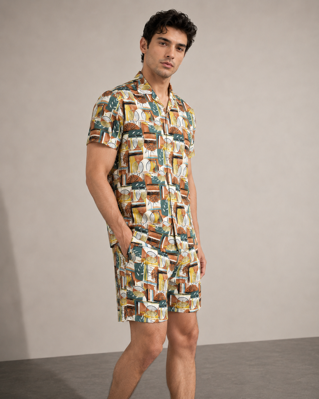 Men’s Tropical Geo Printed Cord Set | Shirt & Shorts Co-ord