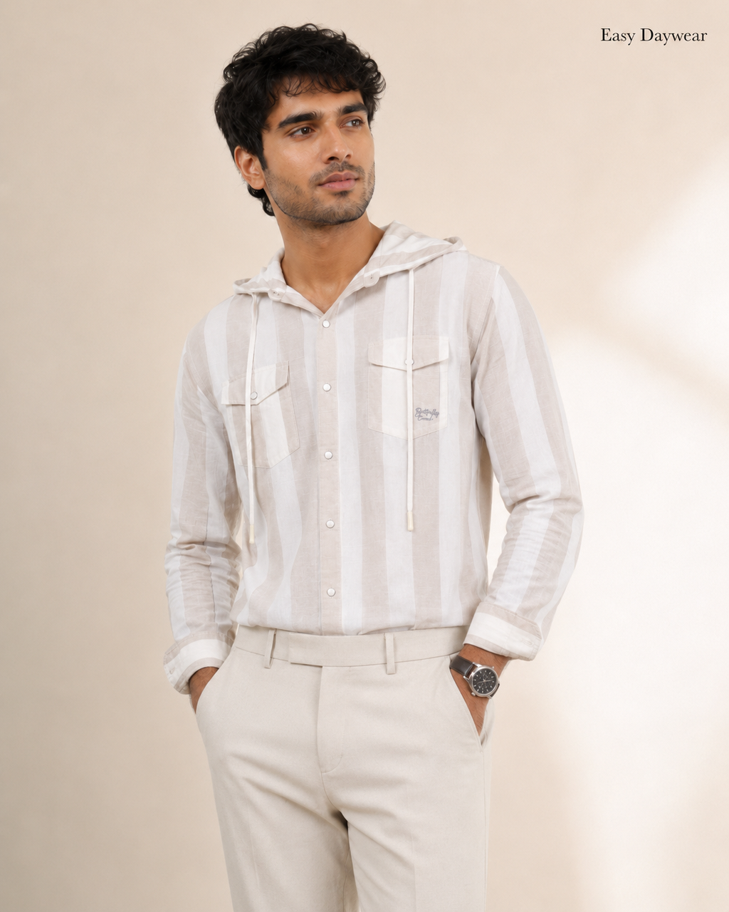 White Stripe Hooded Cotton Shirt