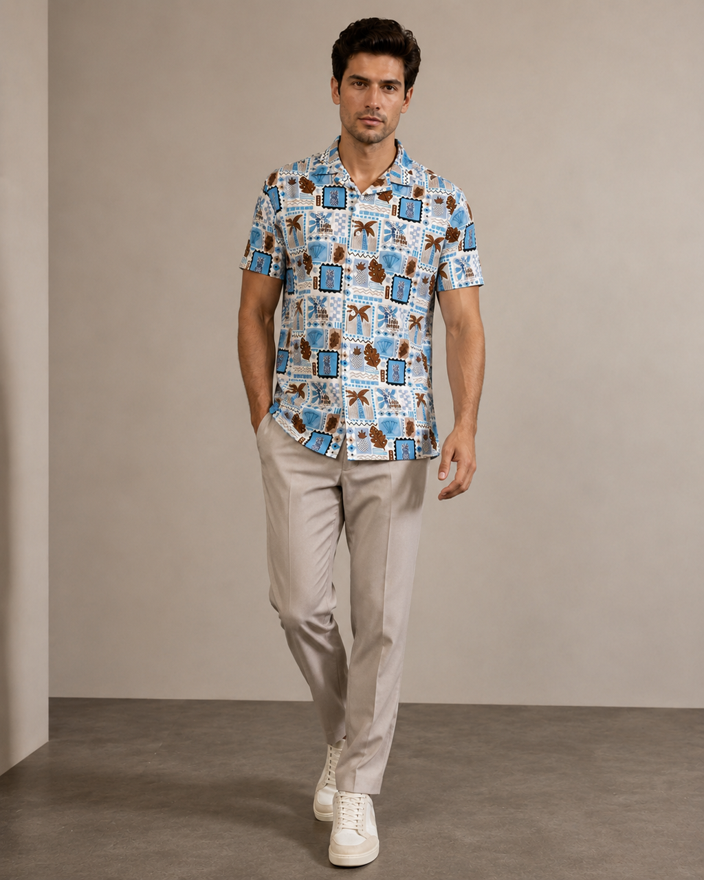 Men’s Blue Coastal Tile Printed Cord Set | Shirt & Shorts Co-ord