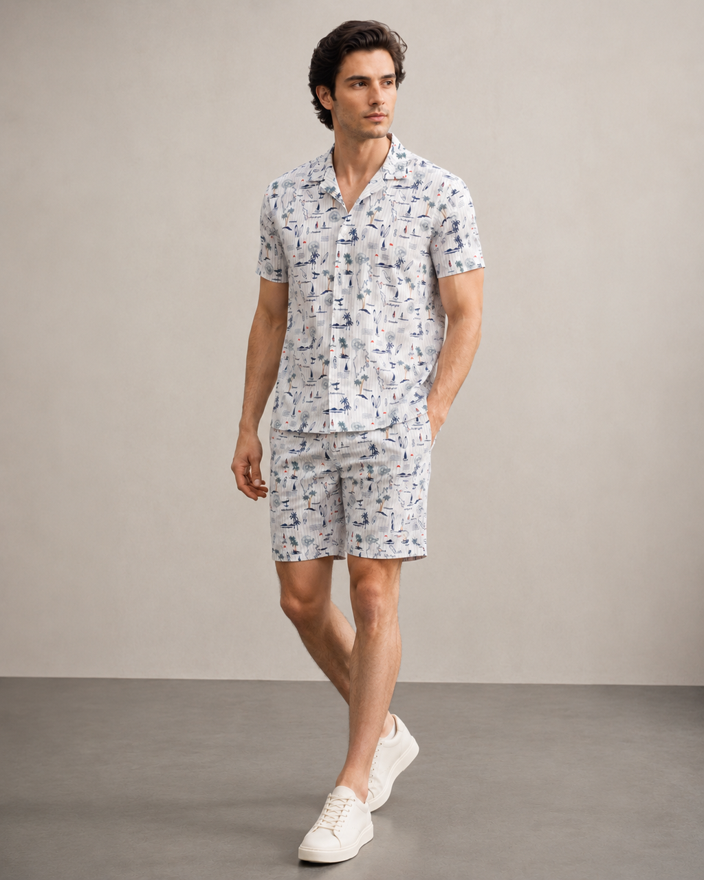 Men’s Coastal Sketch Printed Cord Set | Shirt & Shorts Co-ord