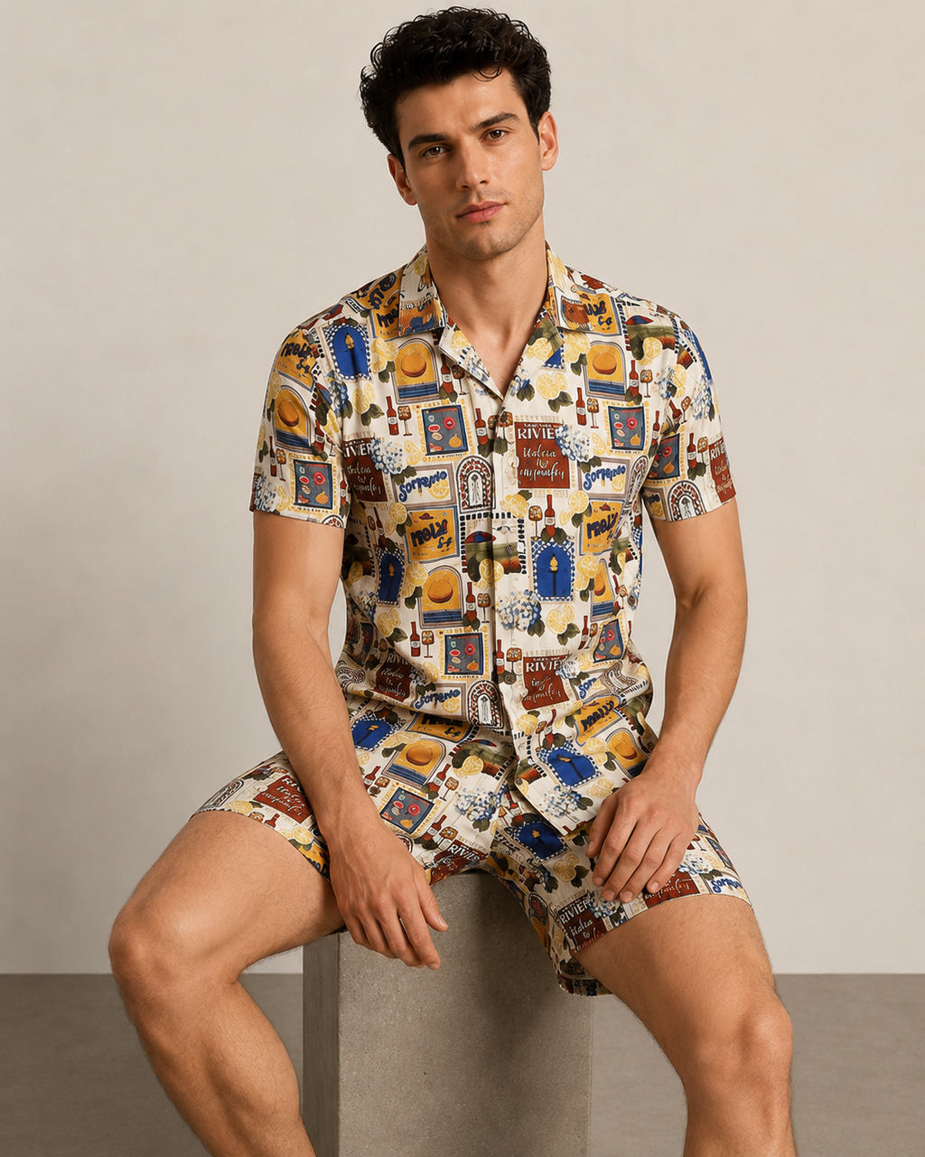 Men’s Riviera Postcard Printed Cord Set | Shirt & Shorts Co-ord