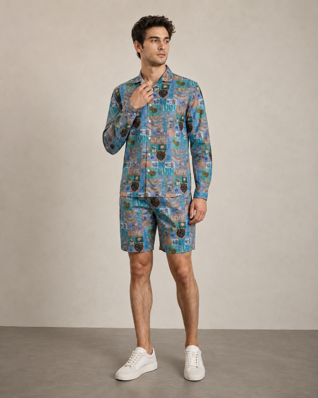 Men’s Blue Live Graphic Printed Cord Set | Shirt & Shorts Co-ord