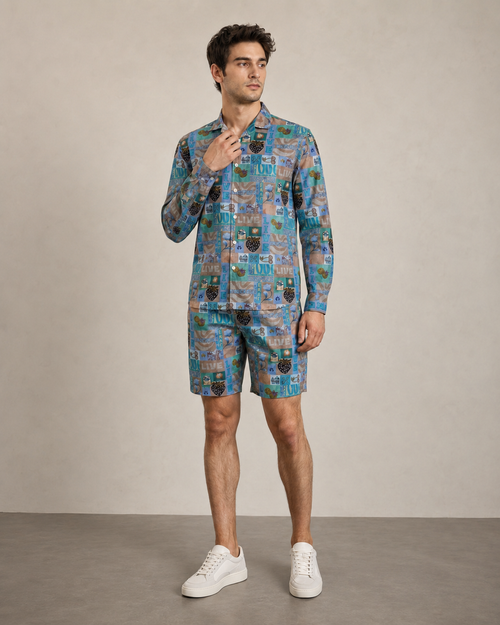 Men’s Blue Live Graphic Printed Cord Set | Shirt & Shorts Co-ord