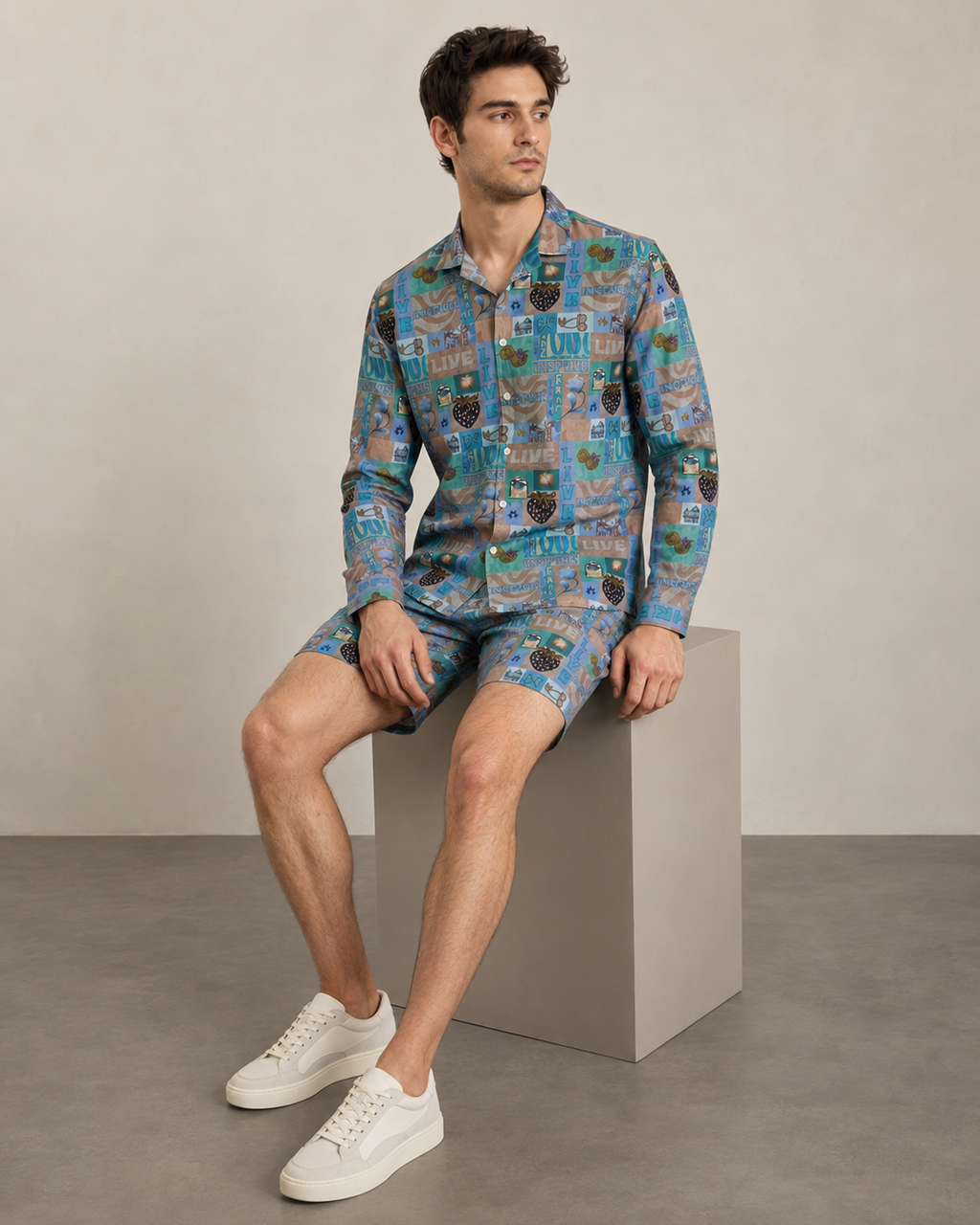 Men’s Blue Live Graphic Printed Cord Set | Shirt & Shorts Co-ord