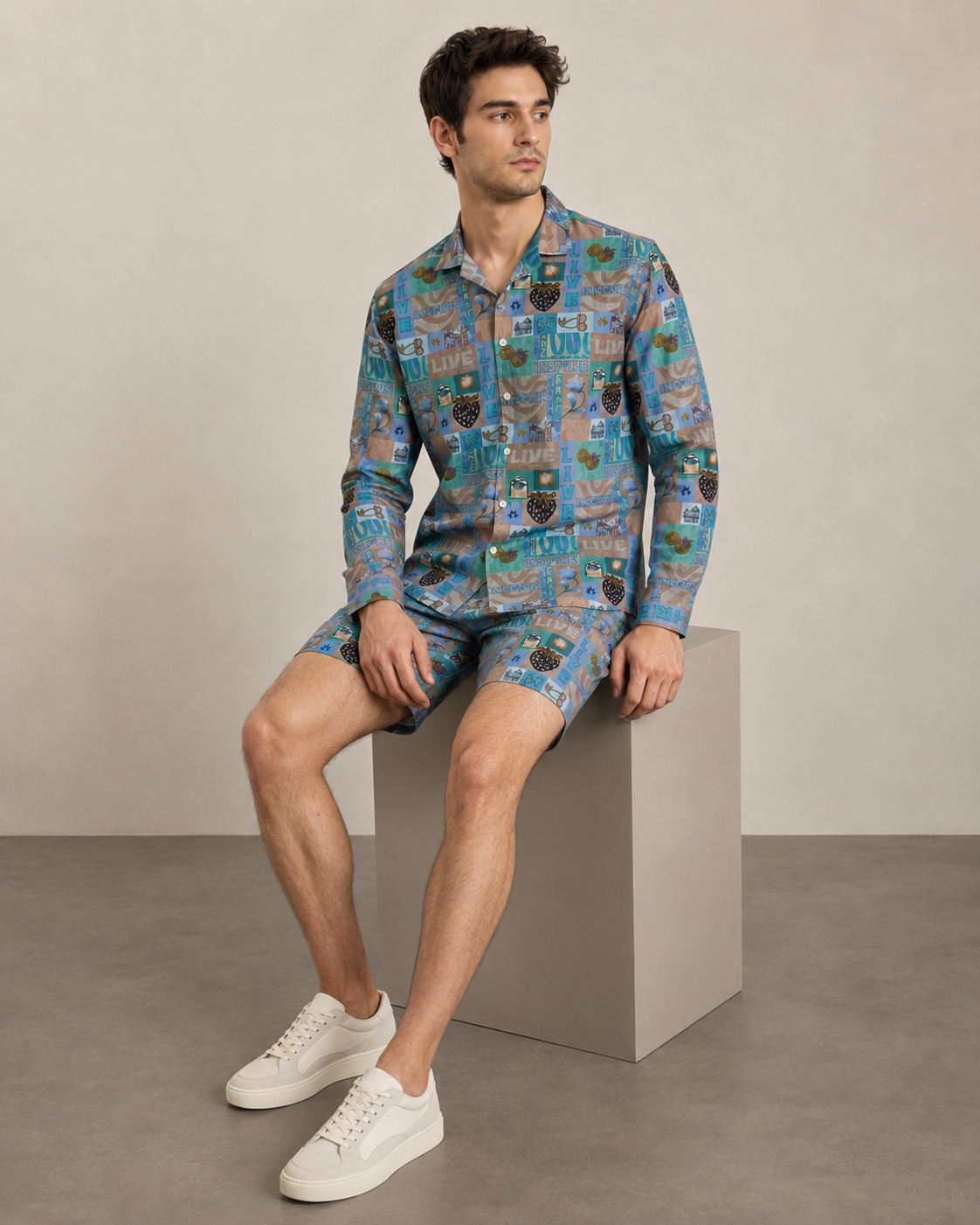 Men’s Blue Live Graphic Printed Cord Set | Shirt & Shorts Co-ord