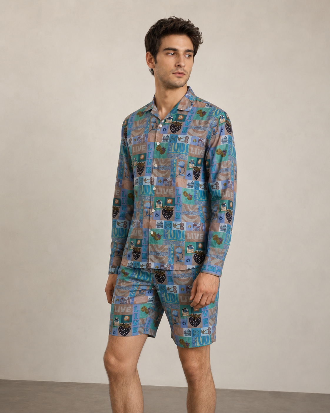 Men’s Blue Live Graphic Printed Cord Set | Shirt & Shorts Co-ord