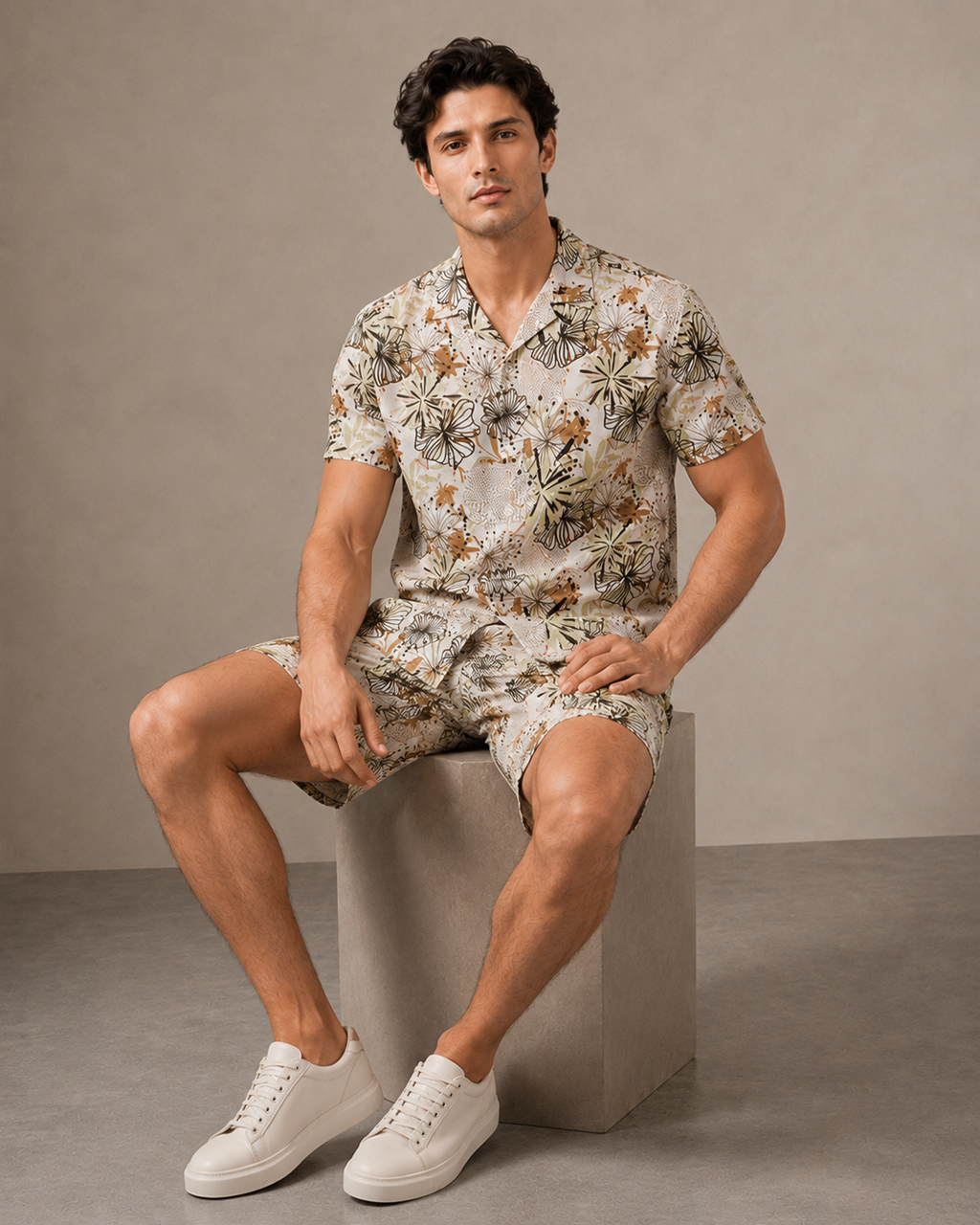 Men’s Earthy Floral Printed Cord Set | Shirt & Shorts Co-ord