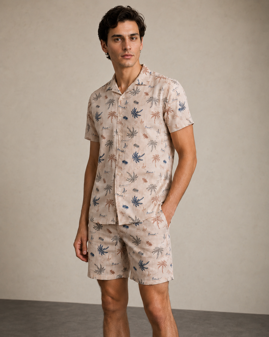 Men’s Beige Palm Stripe Cord Set | Shirt & Shorts Co-ord