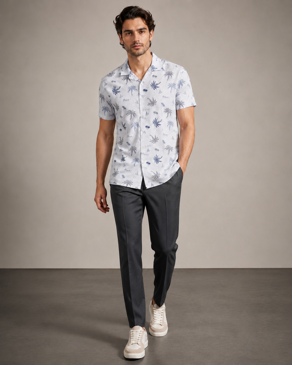 Men’s Ice Blue Palm Stripe Cord Set | Shirt & Shorts Co-ord