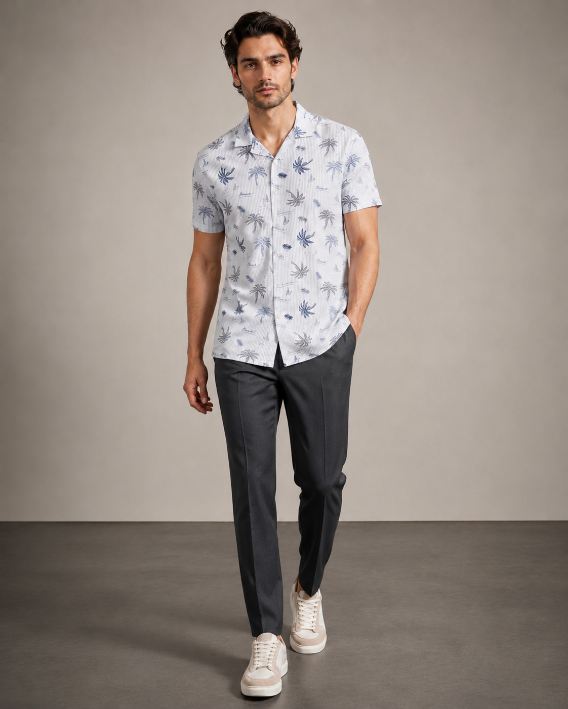 Men’s Ice Blue Palm Stripe Cord Set | Shirt & Shorts Co-ord