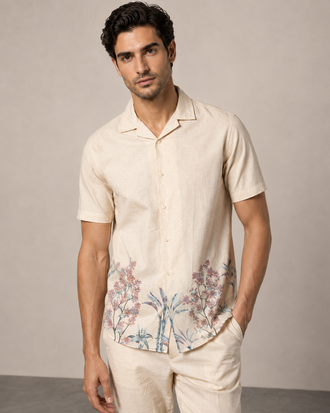 Men’s Ivory Floral Cotton PJ Cord Set | Premium Cotton Shirt & Pyjama Co-ord | Resort Wear & Luxury Loungewear Set