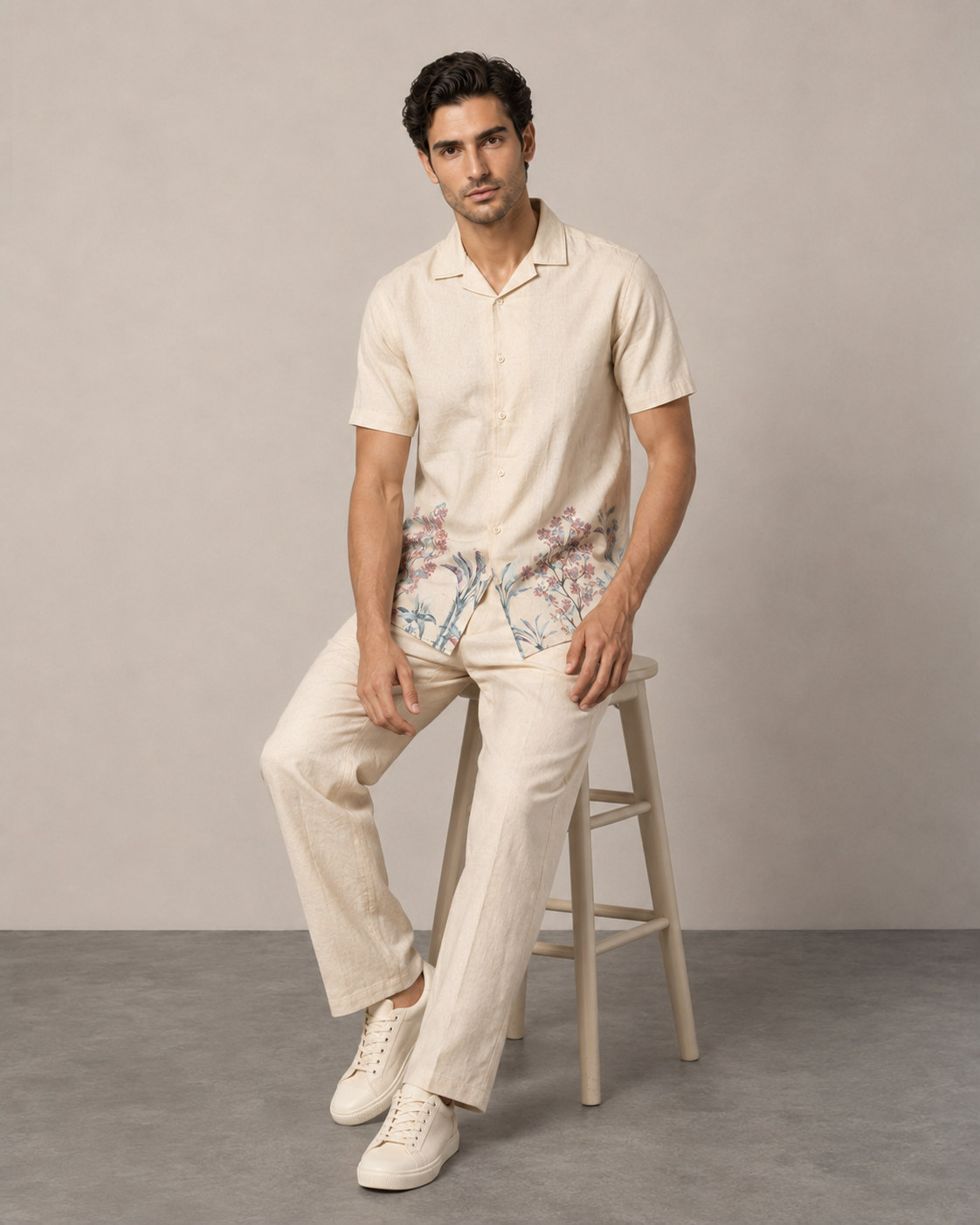 Men’s Ivory Floral Cotton PJ Cord Set | Premium Cotton Shirt & Pyjama Co-ord | Resort Wear & Luxury Loungewear Set