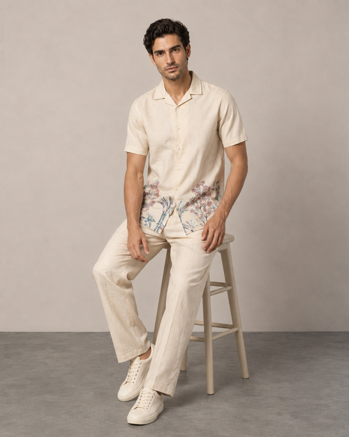 Men’s Ivory Floral Cotton PJ Cord Set | Premium Cotton Shirt & Pyjama Co-ord | Resort Wear & Luxury Loungewear Set
