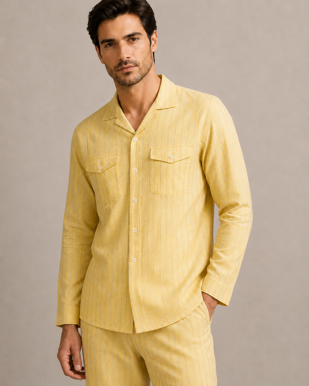 Men’s Yellow Stripe Cotton PJ Cord Set | Premium Cotton Shirt & Pyjama Co-ord | Luxury Loungewear & Resort Set