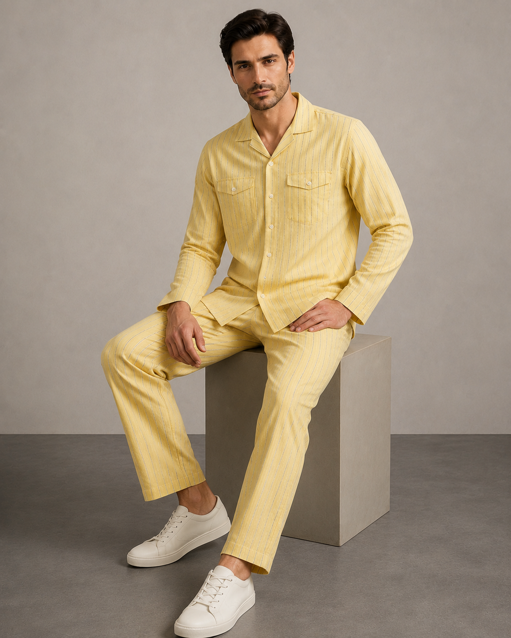 Men’s Yellow Stripe Cotton PJ Cord Set | Premium Cotton Shirt & Pyjama Co-ord | Luxury Loungewear & Resort Set