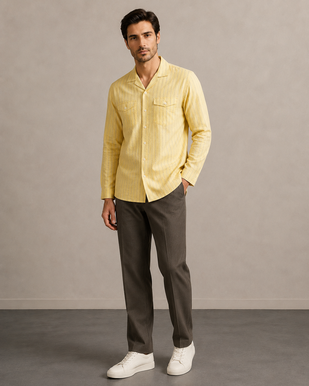 Men’s Yellow Stripe Cotton PJ Cord Set | Premium Cotton Shirt & Pyjama Co-ord | Luxury Loungewear & Resort Set