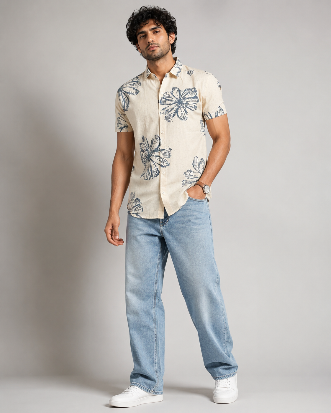 Ivory Blue Bloom Cotton Shirt