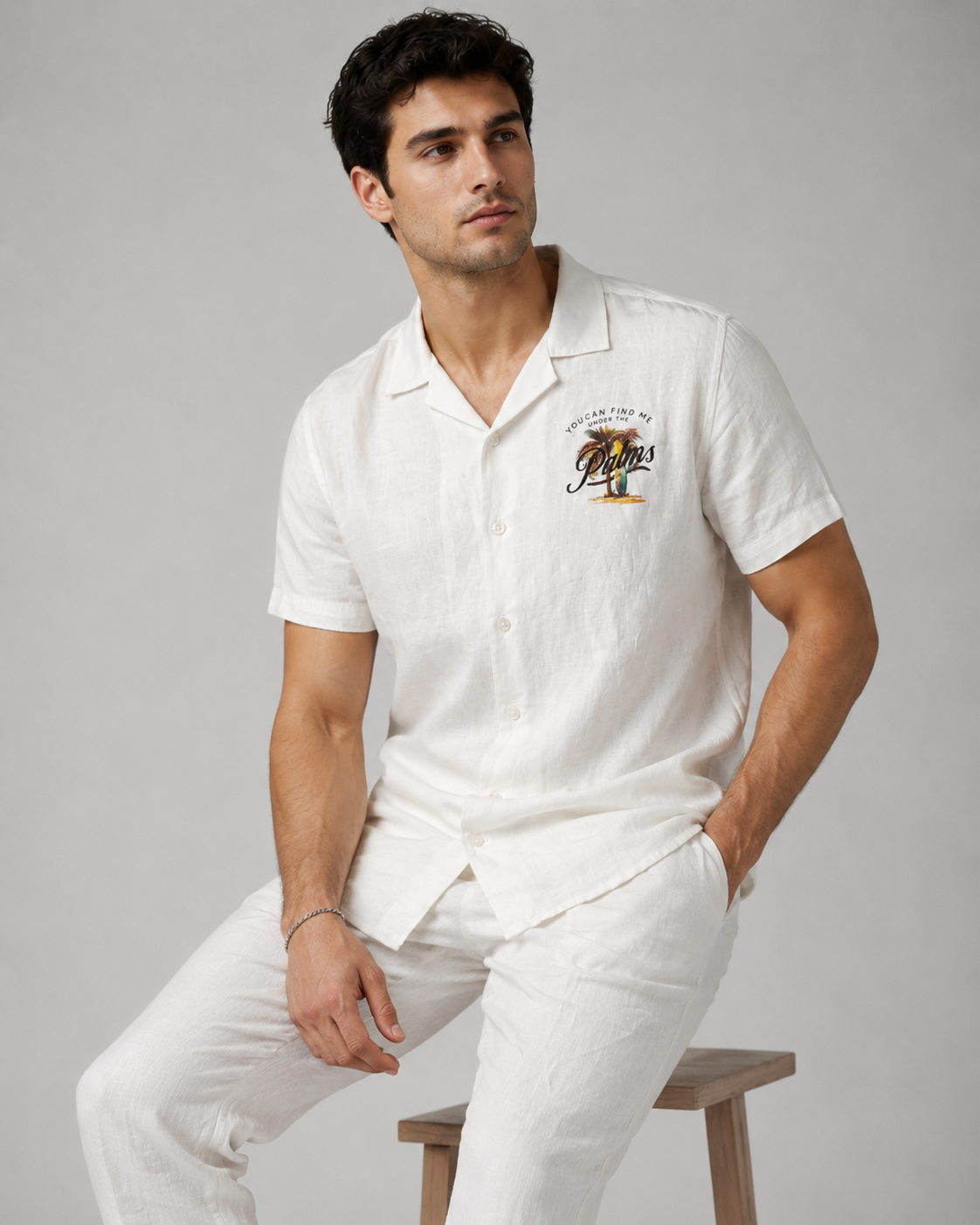 Men’s White Pure Linen PJ Cord Set | 60 Lea Premium Linen Shirt & Pyjama Co-ord | Luxury Loungewear & Resort Set